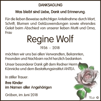 Traueranzeige von Regine Wolf von WVG - Wochenspiegel NMB / WSF / ZTZ