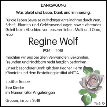 Traueranzeige von Regine Wolf von Mitteldeutsche Zeitung Weißenfels