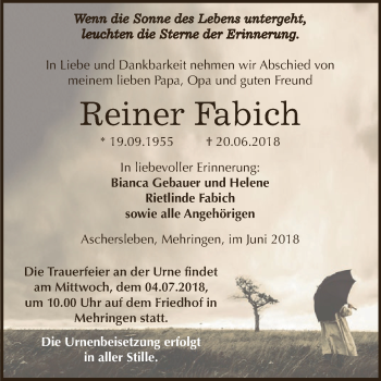 Traueranzeige von Reiner Fabich von Super Sonntag Aschersleben