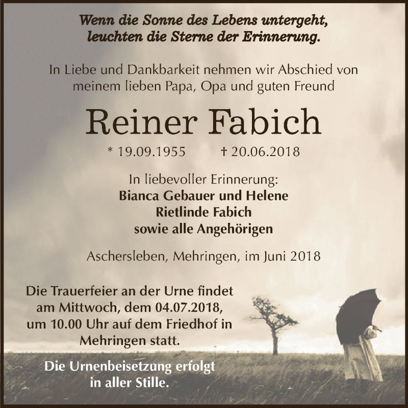  Traueranzeige für Reiner Fabich vom 27.06.2018 aus Super Sonntag Aschersleben