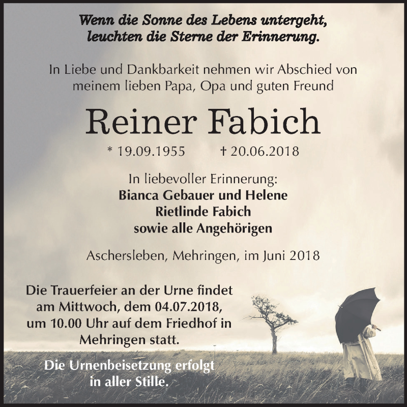  Traueranzeige für Reiner Fabich vom 27.06.2018 aus Mitteldeutsche Zeitung Aschersleben