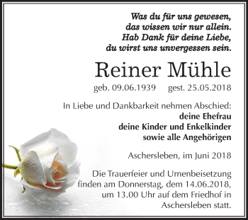 Traueranzeige von Reiner Mühle von Mitteldeutsche Zeitung Aschersleben