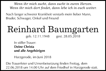 Traueranzeige von Reinhard Baumgarten von Mitteldeutsche Zeitung Quedlinburg