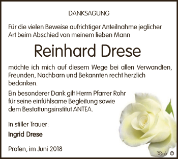 Traueranzeige von Reinhard Drese von Super Sonntag Zeitz