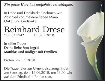 Traueranzeige von Reinhard Drese von Mitteldeutsche Zeitung Zeitz