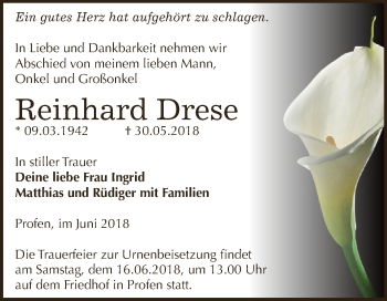 Traueranzeige von Reinhard Drese von Super Sonntag Zeitz