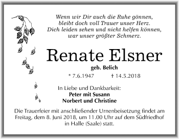 Traueranzeige von Renate Elsner von Mitteldeutsche Zeitung Halle/Saalkreis