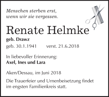 Traueranzeige von Renate Helmke von Mitteldeutsche Zeitung Dessau-Roßlau