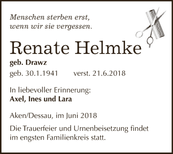 Traueranzeige von Renate Helmke von WVG - Wochenspiegel Dessau / Köthen