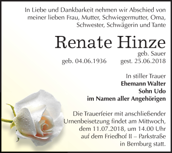 Traueranzeige von Renate Hinze von Mitteldeutsche Zeitung Bernburg