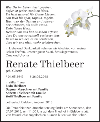 Traueranzeige von Renate Thielbeer von Mitteldeutsche Zeitung
