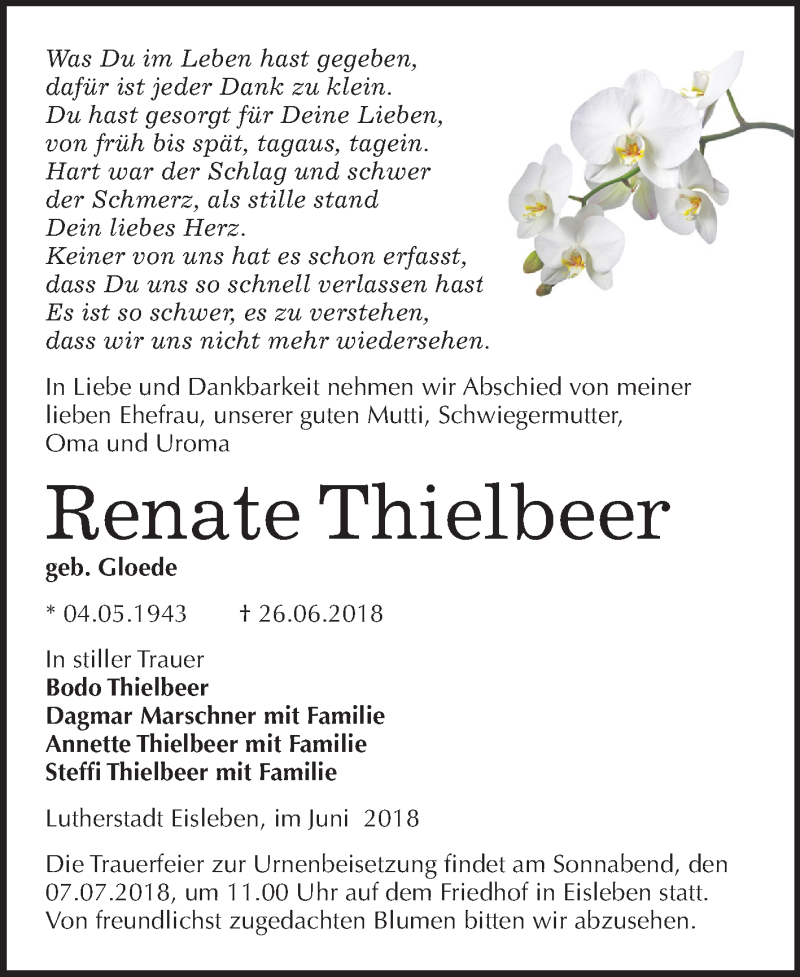  Traueranzeige für Renate Thielbeer vom 30.06.2018 aus Mitteldeutsche Zeitung