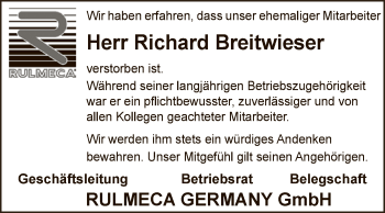 Traueranzeige von Richard Breitwieser von Super Sonntag Aschersleben