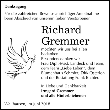 Traueranzeige von Richard Gremmer von Mitteldeutsche Zeitung Sangerhausen