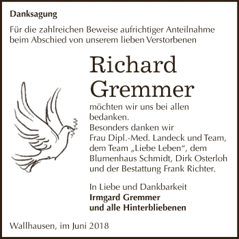 Traueranzeige von Richard Gremmer von WVG - Wochenspiegel SGH
