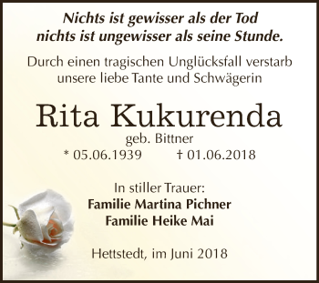 Traueranzeige von Rita Kukurenda von Wochenspiegel Mansfelder Land