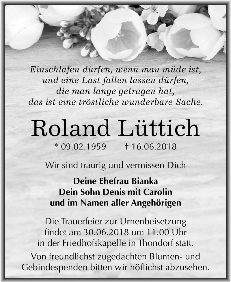  Traueranzeige für Roland Lüttich vom 23.06.2018 aus Mitteldeutsche Zeitung