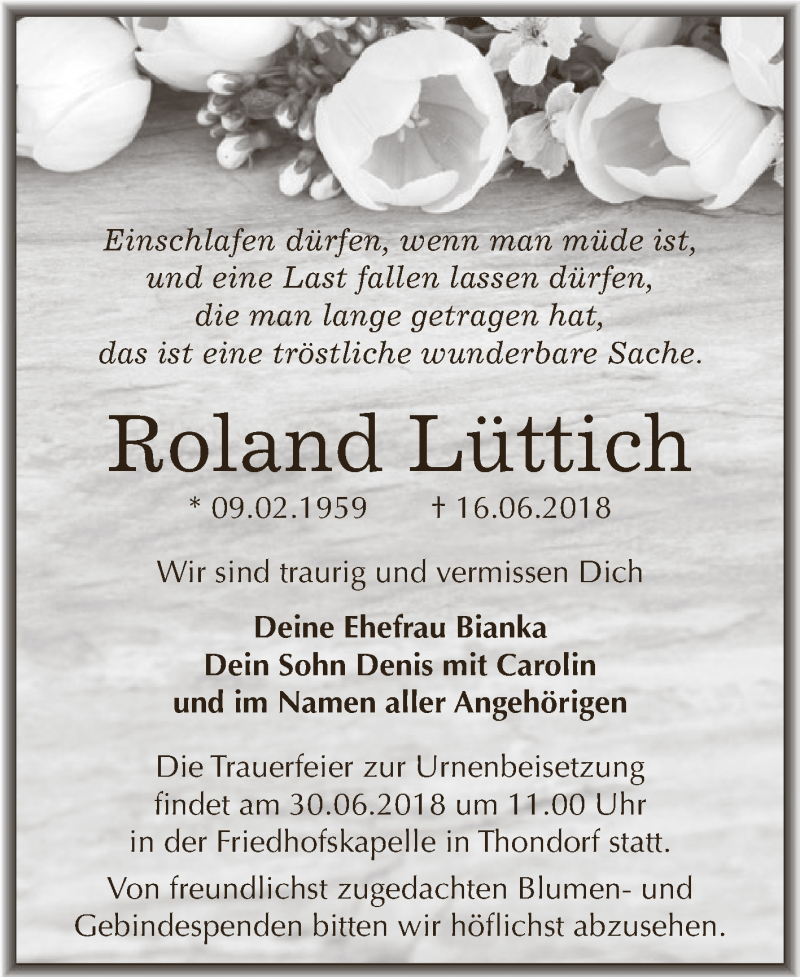  Traueranzeige für Roland Lüttich vom 23.06.2018 aus Super Sonntag SGH Mansf. Land