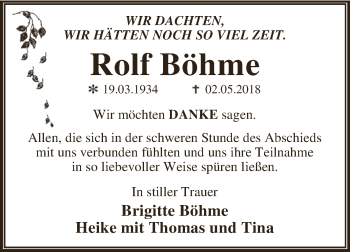 Traueranzeige von Rolf Böhme von WVG - Wochenspiegel Dessau / Köthen