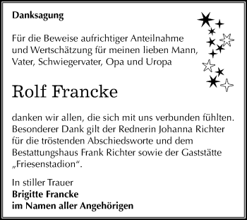 Traueranzeige von Rolf Francke von Mitteldeutsche Zeitung Sangerhausen