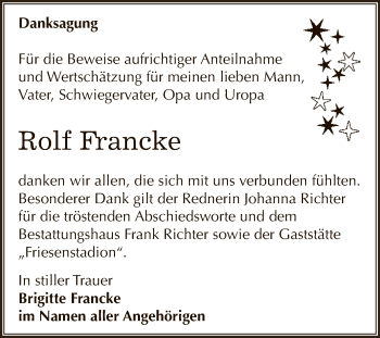 Traueranzeige von Rolf Francke von Super Sonntag SGH Mansf. Land