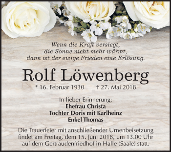 Traueranzeige von Rolf Löwenberg von Mitteldeutsche Zeitung Halle/Saalkreis
