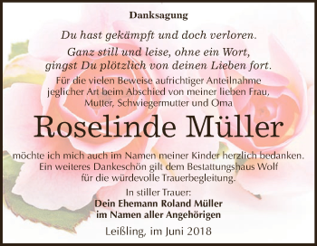 Traueranzeige von Roselinde Müller von WVG - Wochenspiegel NMB / WSF / ZTZ