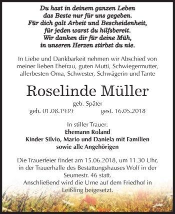 Traueranzeige von Roselinde Müller von Mitteldeutsche Zeitung Weißenfels