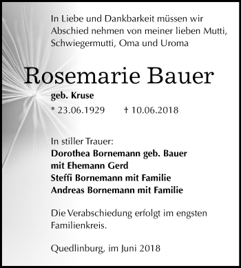 Traueranzeige von Rosemarie Bauer von Mitteldeutsche Zeitung Quedlinburg