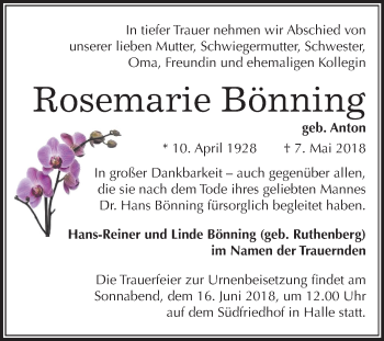 Traueranzeige von Rosemarie Bönning von Mitteldeutsche Zeitung Halle/Saalkreis
