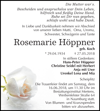 Traueranzeige von Rosemarie Höppner von Mitteldeutsche Zeitung