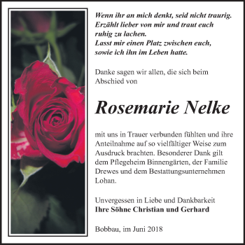 Traueranzeige von Rosemarie Nelke von WVG - Wochenspiegel Bitterfeld