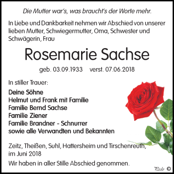 Traueranzeige von Rosemarie Sachse von Mitteldeutsche Zeitung Zeitz