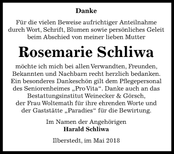 Traueranzeige von Rosemarie Schliwa von Mitteldeutsche Zeitung Bernburg