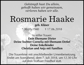 Traueranzeige von Rosmarie Haake von Mitteldeutsche Zeitung Halle/Saalkreis