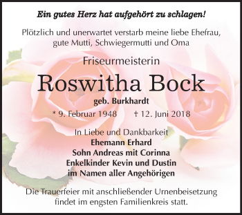 Traueranzeige von Roswitha Bock von Mitteldeutsche Zeitung Halle/Saalkreis