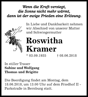 Traueranzeige von Roswitha Kramer von Mitteldeutsche Zeitung Bernburg