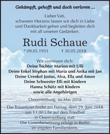 Traueranzeige von Rudi Schaue von Mitteldeutsche Zeitung