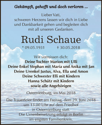Traueranzeige von Rudi Schaue von WVG - Wochenspiegel Dessau / Köthen