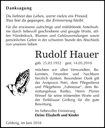 Traueranzeige von Rudolf Hauer von Mitteldeutsche Zeitung Köthen