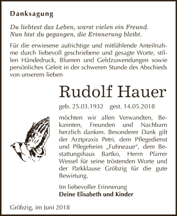 Traueranzeige von Rudolf Hauer von WVG - Wochenspiegel Dessau / Köthen