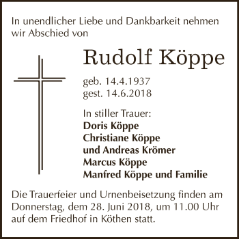 Traueranzeige von Rudolf Köppe von WVG - Wochenspiegel Dessau / Köthen