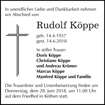 Traueranzeige von Rudolf Köppe von Mitteldeutsche Zeitung Köthen