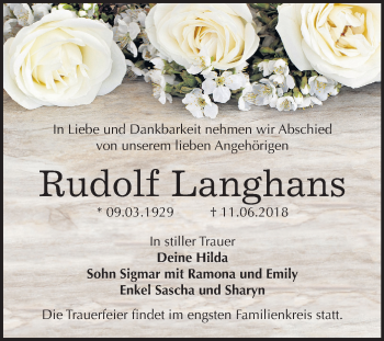 Traueranzeige von Rudolf Langhans von Mitteldeutsche Zeitung Köthen