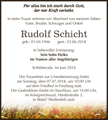 Traueranzeige von Rudolf Schicht von WVG - Wochenspiegel NMB / WSF / ZTZ
