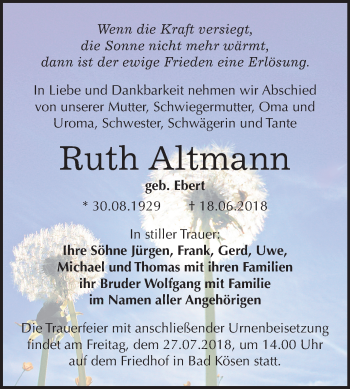 Traueranzeige von Ruth Altmann von Mitteldeutsche Zeitung