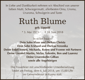 Traueranzeige von Ruth Blume von Super Sonntag Zeitz