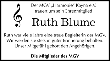 Traueranzeige von Ruth Blume von Mitteldeutsche Zeitung Zeitz