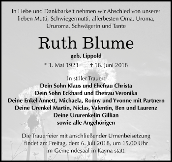 Traueranzeige von Ruth Blume von Mitteldeutsche Zeitung