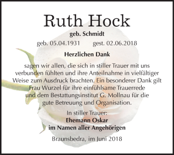Traueranzeige von Ruth Hock von Mitteldeutsche Zeitung Merseburg/Querfurt